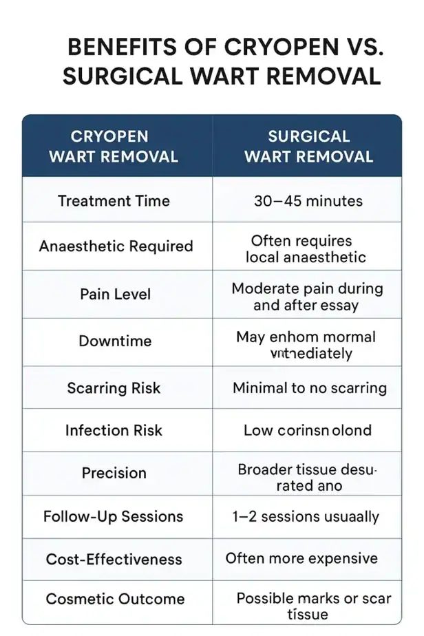 Table showing the benefits of cryopen to remove warts Banbury compared to surgical treatment